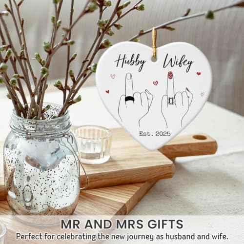 Wedding Gifts for Couples 2025 ? Hubby & Wifey Ceramic Christmas Ornament, First Christmas Married Keepsake