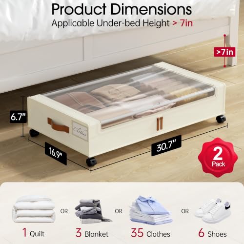 Yecaye Beige Large Under Bed Storage Containers with Wheels 2 Pack