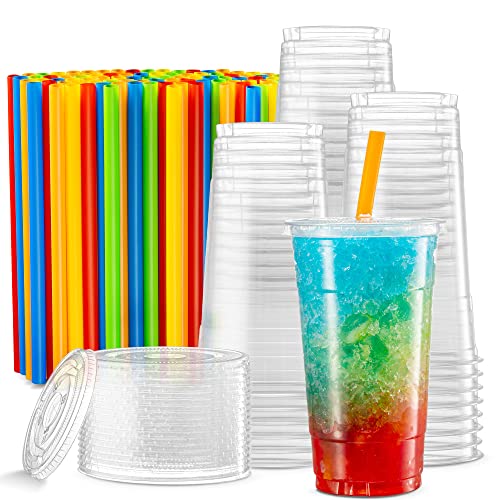 40 Sets 32 Oz Clear PET Plastic Cups with Flat Lids & Straws - Cold Drinks & Party Use