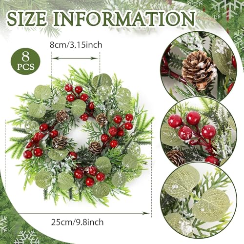 8 Pcs Mini Christmas Candle Ring Set for Cabinet - Artificial Wreaths with Berries & Pinecones (YLOLUL)