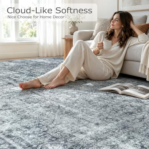 8x10 Black Grey Washable Area Rug - Soft Abstract Living Room Carpet - Non-Slip