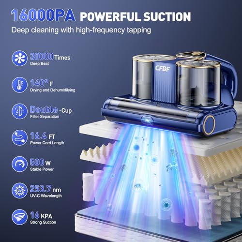 Blue & Gold Mattress Vacuum Cleaner with 16Kpa Suction UV-C Light Ultra-Deep Cleaning