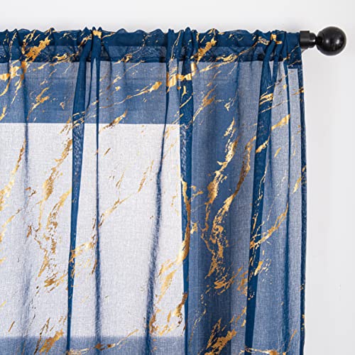 Sutuo Home Marble Sheer Curtains 108 Inch Long 2 Panels Set, Gold