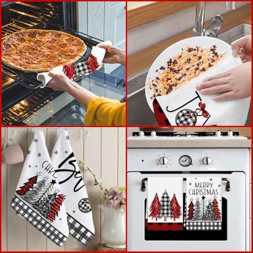 Buffalo Plaid Christmas Kitchen Towels 16x24 Inch Red Black Hand Towels for Kitchen,Christmas Decorations for Bathroom,Festive Holiday Dish Cloths for Xmas Winter Home Indoor Decor Set of 4