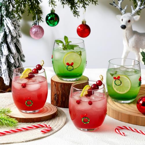 FoldTier Christmas Wreath Stemless Wine Glasses Set, 4 Pcs Holiday Decor