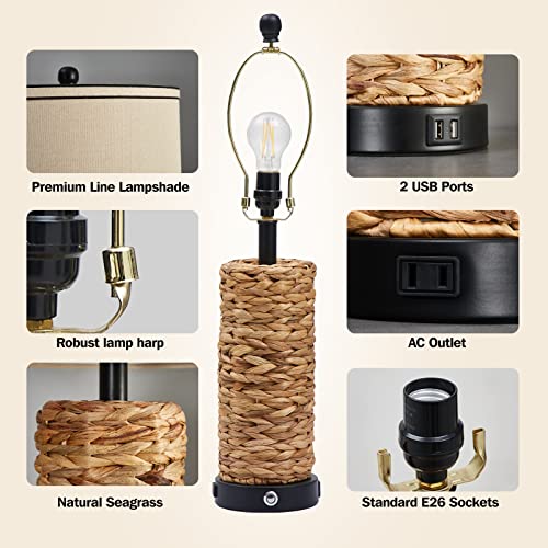 GyroVu Rattan Bedside Table Lamps Set of 2 - Black, Dimmable with USB Ports