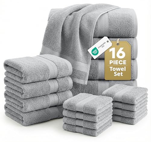 Space Grey 16-Piece Cotton Bath Towel Set - Soft Absorbent & Quick Dry