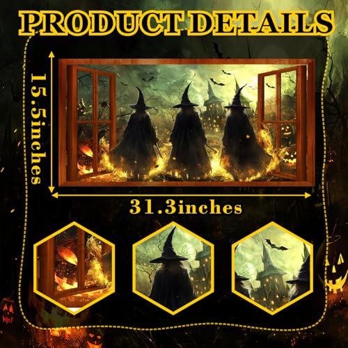 Halloween Witch Wall Stickers 3D Halloween Scene Fake Window Wall Decals Picture Large Holiday Mural Wallpaper Peel and Stick 3D Witches Wall Decor for Bedroom Living Room Home Decoration