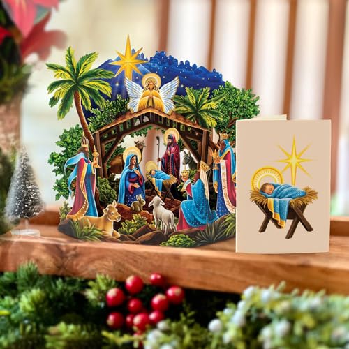 Freshcut Paper Mini Starlit Nativity Pop Up Card - 6 Inch Holiday Scene, Reusable Christmas Greeting Card & Envelope