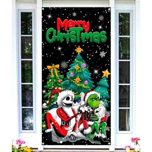 Sunwer Merry Christmas Door Cover Jack Decoration Front Porch Sign Backdrop Banner for Home Decor