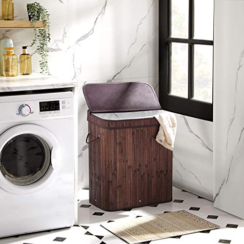 SONGMICS Bamboo Laundry Hamper with Lid & Handles, 100L Chestnut Brown