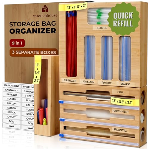 Woodenhouse Bamboo Kitchen Drawer Organizer with Foil & Plastic Wrap Dispenser, 9" - Includes Labels