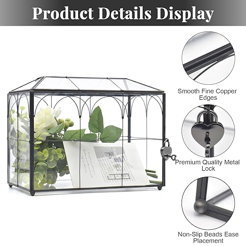 Large Black Glass Wedding Card Box with Lock and Slot - Vintage Reception Envelope Holder