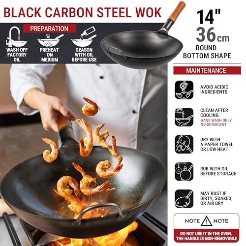 14-Inch Carbon Steel Wok with Round Bottom - Pre-Seasoned, High Heat Cooking