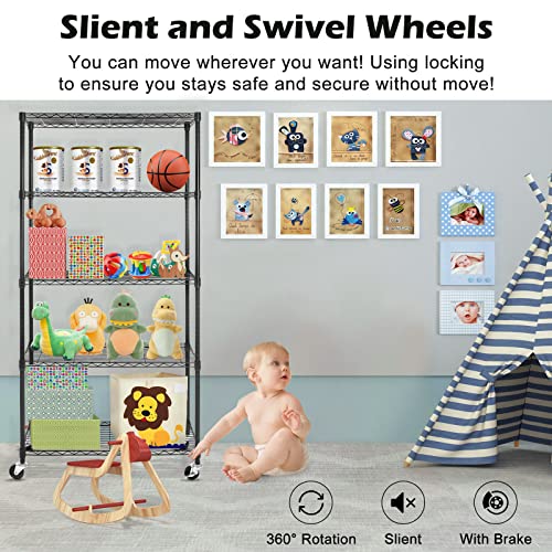 5-Tier Heavy Duty Wire Shelving Unit with Wheels - 36"D x 16"W x 75"H, Adjustable Storage Rack