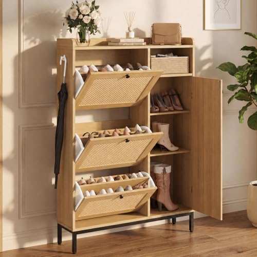 Garvee 3-Drawer Light Oak Shoe Cabinet with 4-Tier Storage & Rattan Doors