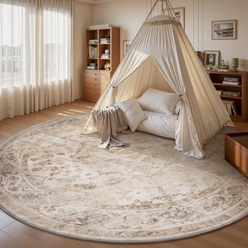 6ft Round Beige Rug for Living Room & Bedroom - Non Slip, Machine Washable