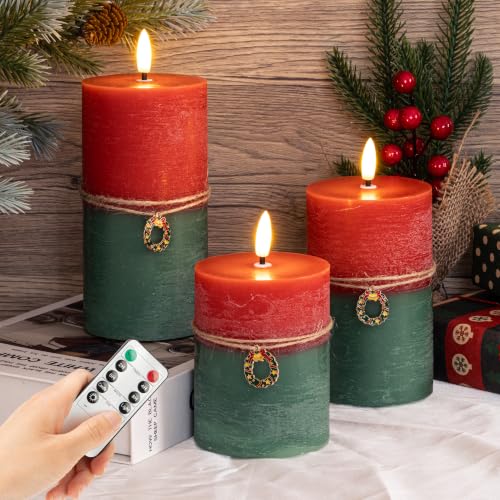 SEHNSY Red & Green Flameless Christmas Candles Set of 3 with Remote
