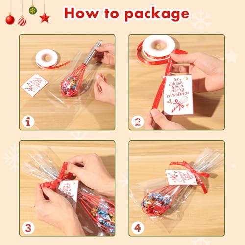 24PCS Christmas Red Silicone Whisks Gift Set with Greeting Cards & Ribbons - 10 Inch