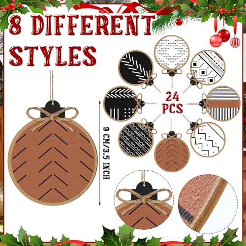 Gerrii 24 Pack Christmas Boho Ornaments Wooden Christmas Round Ornaments with Bow Xmas Hanging Sign Farmhouse Holiday Supplies Gifts for Xmas Tree Decoration(Aztec)