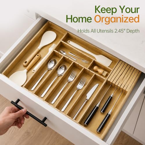 Fyctio Natural Bamboo Expandable Silverware Drawer Organizer with Removable Knife Block