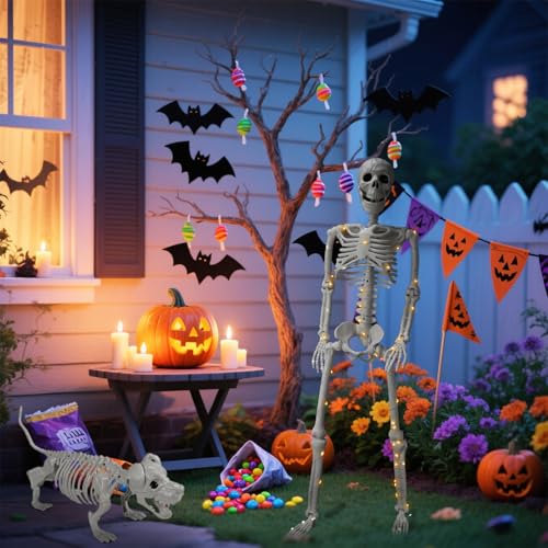 White Human Skeleton & Dog Halloween Decorations Outdoor Indoor - Posable & Weather-Resistant