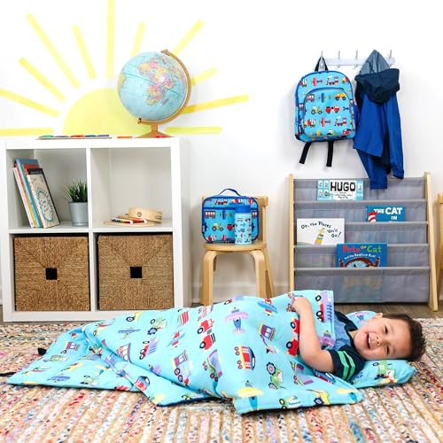 Wildkin Nap Mat with Pillow and Blanket - Trains, Planes, and Trucks Preschool Rest Mat