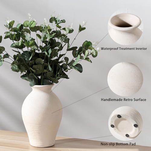 Off-White Ceramic Farmhouse Vase 9.2 Inch Rustic Whitewashed Terracotta