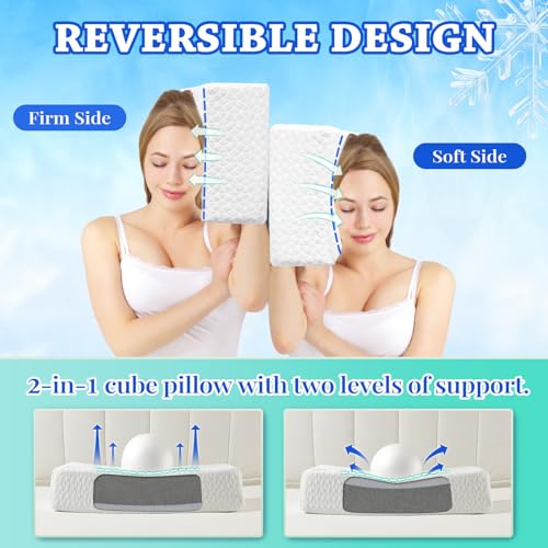 Cooling Memory Foam Pillow for Side Sleepers - White Ice, 24x12x5, Support Neck & Head - Reversible Comfort