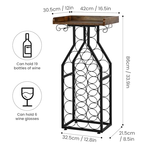 Freestanding Wine Rack for 19 Bottles with Glass Holder and Wooden Tabletop