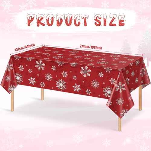 3 Pack Red Christmas Snowflake Plastic Tablecloth Decorations, Red and White Snowflake Christmas Disposable Table Cover for Winter Christmas Holiday New Year Party Supplies Decorations, 54 x 108 Inch