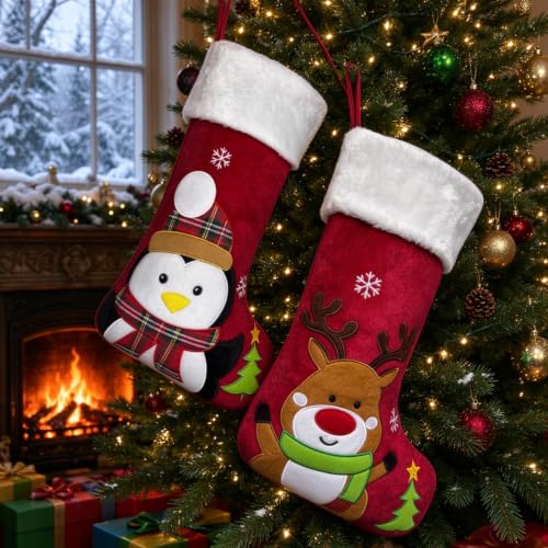 BOffer Red Penguin 20in Velvet Animal Christmas Stocking with 3D Deer, Bear, Snowman – Lined Xmas Stocking for Kids