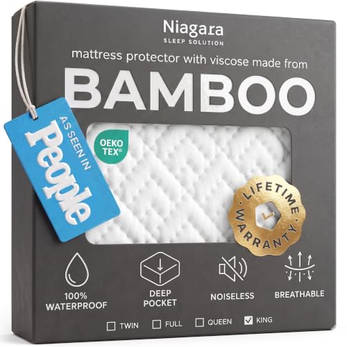 Waterproof King Mattress Protector White - 360 Spill & Stain Protection, Bamboo Viscose, Noiseless & Cooling