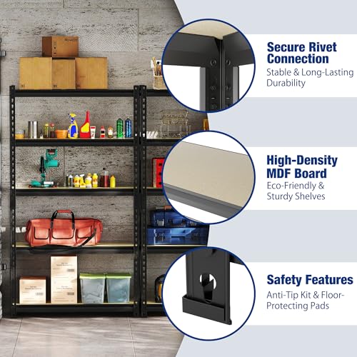 Heavy Duty 5-Tier Garage Shelving Unit 72" H Black - Adjustable Storage Rack with 2180LBS Capacity