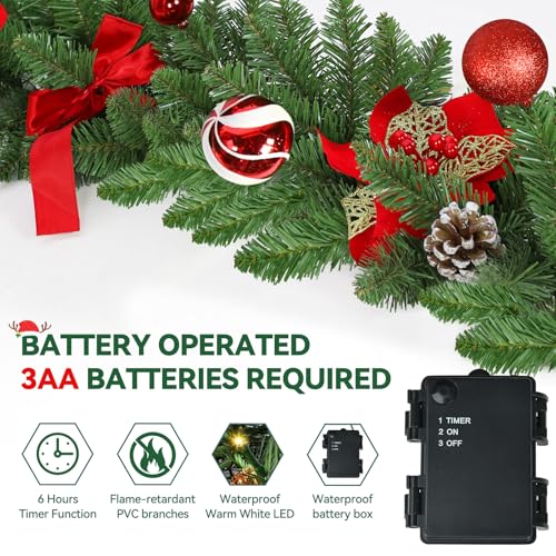 Sukaudiz 9FT Christmas Garland with Lights – Battery-Operated, Timer, Indoor/Outdoor
