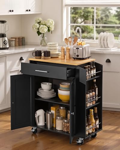 VEVOR Black Kitchen Island Cart with Storage, 31.3" Wide Mobile Rolling Trolley with Drawer & Spice Rack