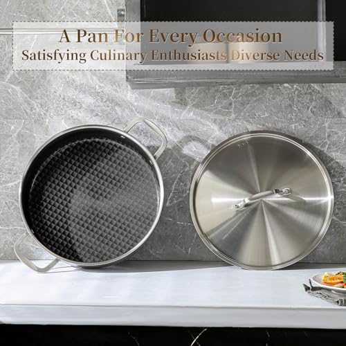 8 Quart Tri-Ply Stainless Steel Braiser Pan with Non-Stick Ceramic Coating
