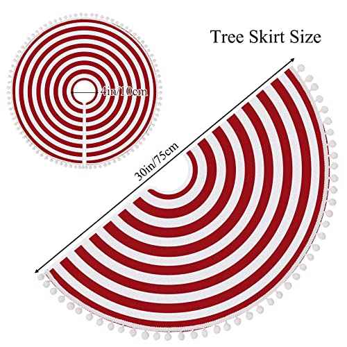 HOHOTIME Christmas Tree Skirt, Red White Annual Rings 30 Inch Tree Skirt with Pom Pom Trim for Holiday Party Xmas Natural Rustic Tree Skirt for Holiday Home Decor