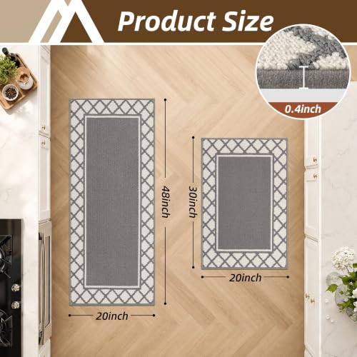Grey Washable Kitchen Rugs Set of 2 Non-Slip 20x30 & 20x48 Inches