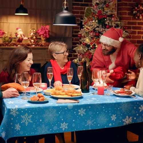 3 Pieces 54x108 Inch Snowflake Winter Wonderland Rectangle Plastic Tablecloth, Disposable Blue and Purple Table Cover with White Snowflakes for Christmas, Birthday, and Winter Party Decorations