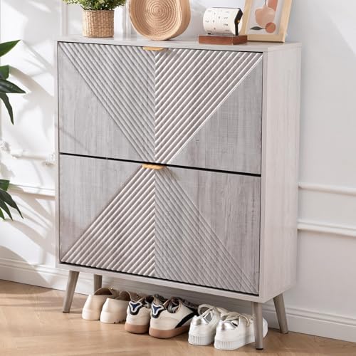 Oakvivo Grey Shoe Cabinet with 2 Flip Drawers, Entryway Organizer