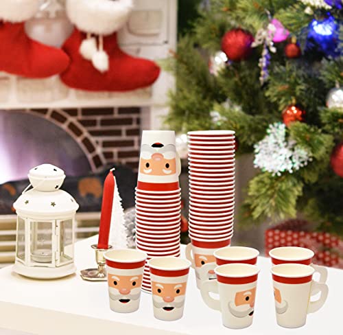 50 Pack Christmas Santa Face Paper Cups 9oz with Handles for Holiday Parties