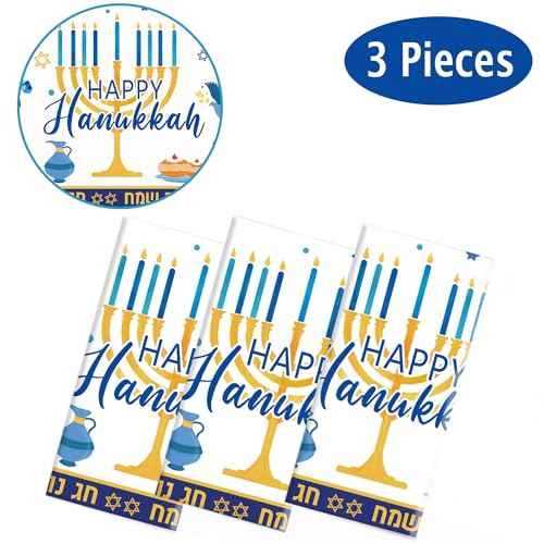 Oigco 3Pcs Hanukkah Tablecloth Hanukkah Theme Table Cloth, Hanukkah Decorations for Happy Hannukah Decorations Table Cover for Plastic Chanukah Jewish Chanukah Party Supplies, 108 x 54 inch