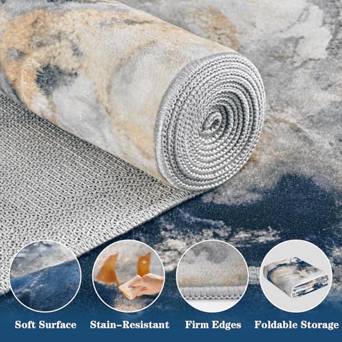 Yinhua Blue & Gold Marble Area Rug 6' x 9' Washable Living Room Bedroom Decor