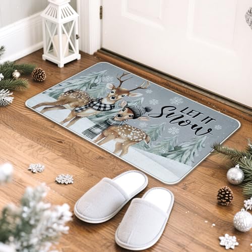 Gray Deer Snowman Winter Reindeer Kitchen Rugs Set of 2 - Non-Slip Decor Mats