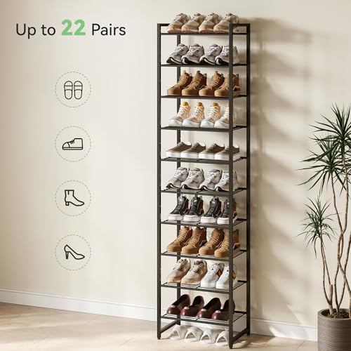 Nunsino Narrow 10-Tier Metal Shoe Rack - Black, Space Saving, Adjustable Storage