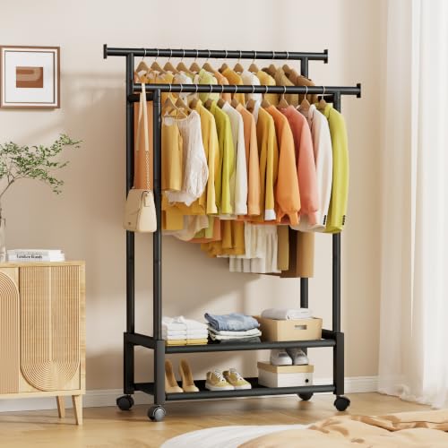 SpaceHidden Black Double Rod Clothing Rack with 2 Shelves, Rolling, Wobble-Free