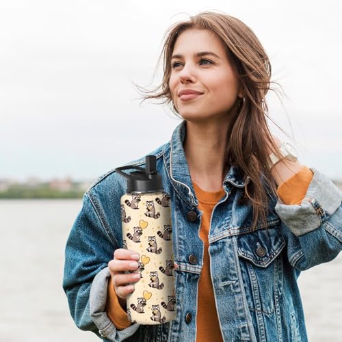 40oz Raccoon Stainless Steel Water Bottle with Handle, Flip Straw – Insulated Travel Mug (Stunnoosy)