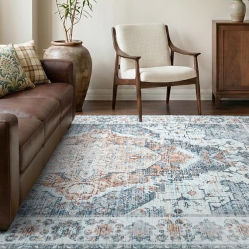 9x12 Light Blue Vintage Washable Area Rug for Living Room & Bedroom - SimpWalnut