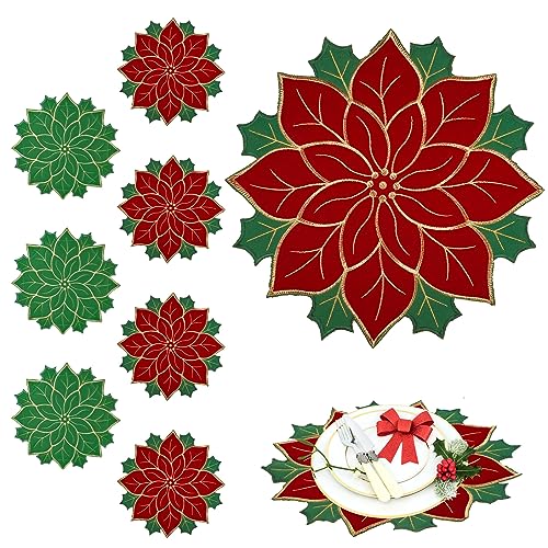 Breling 8 Pieces Christmas Poinsettia Placemats 16 Inch Round Holiday Table Decor